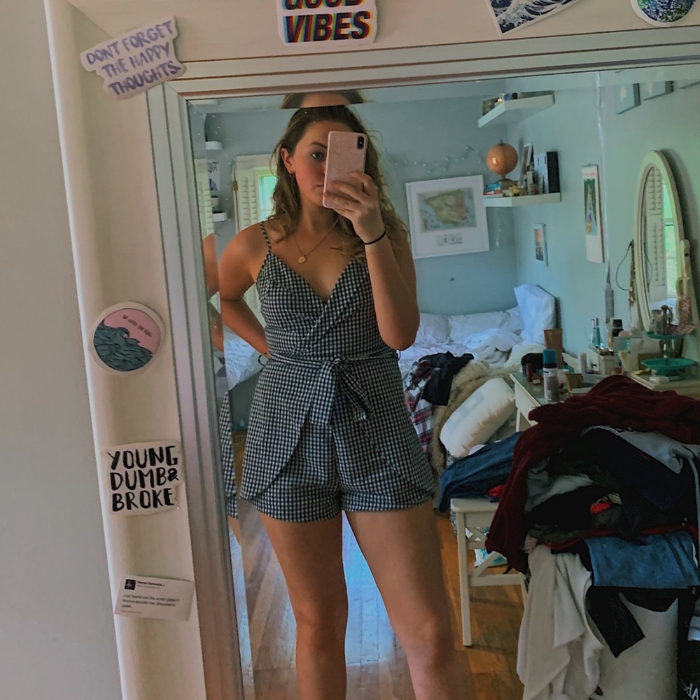 Black and white gingham romper